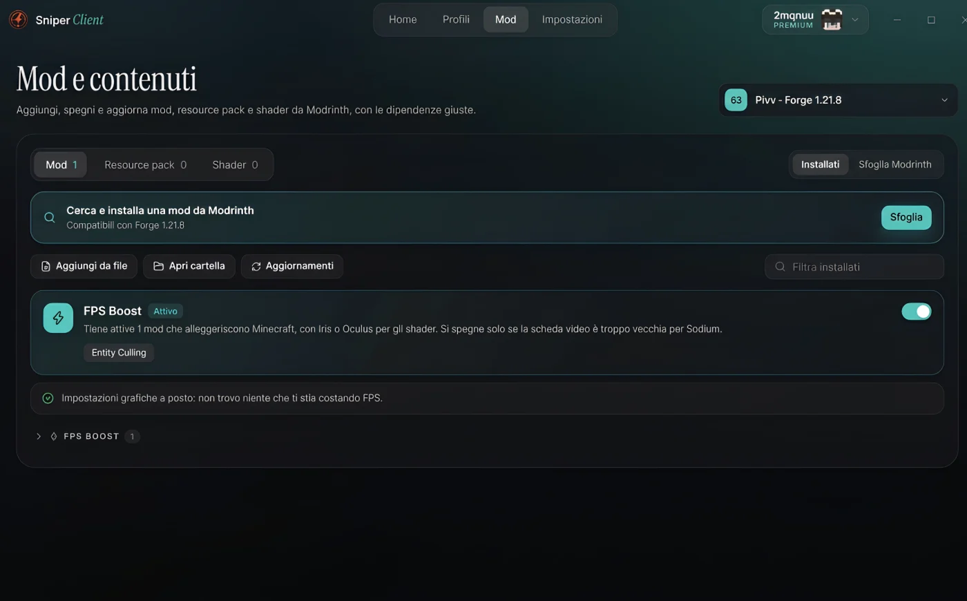 La pagina Mod di Sniper Client con FPS Boost attivo